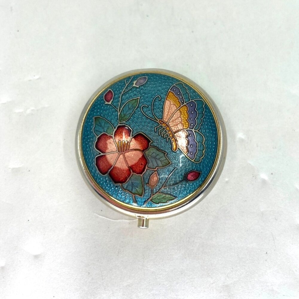 Vintage Cloisonné Enamel Pill Trinket Box Floral & Butterfly Round Hinged